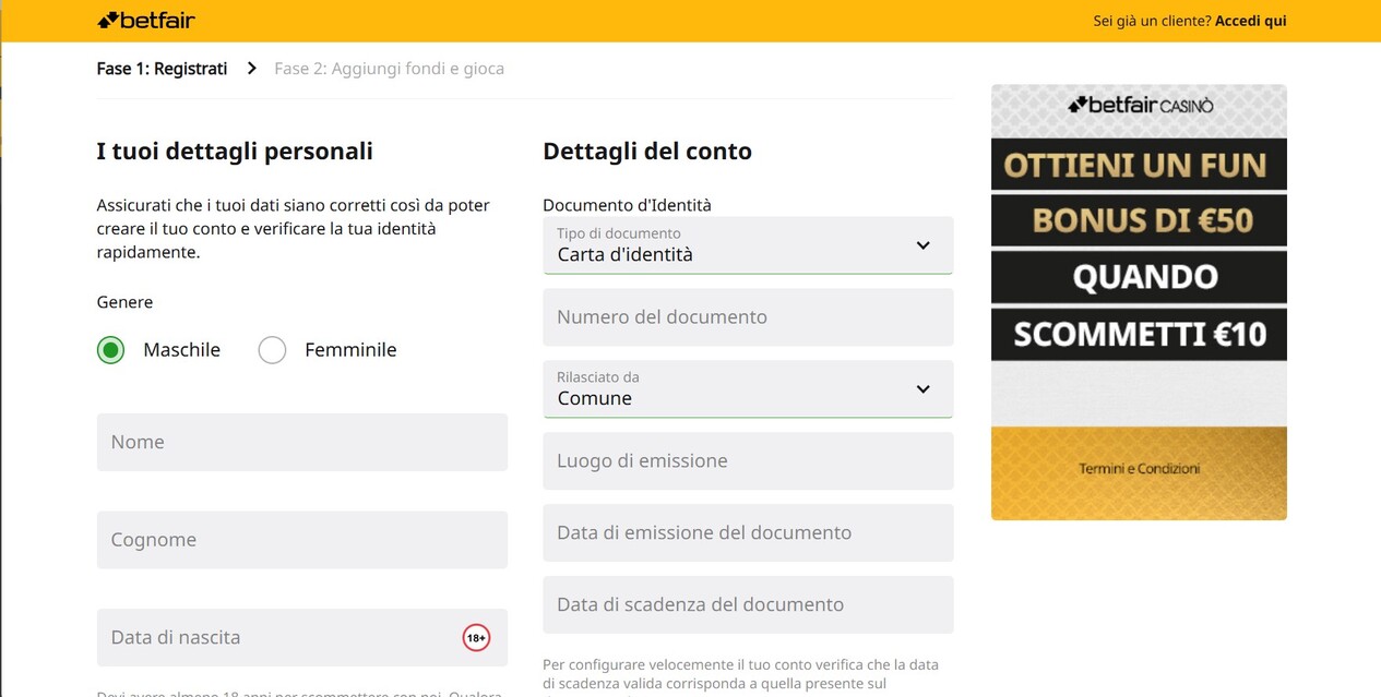 Betfair Registrazione