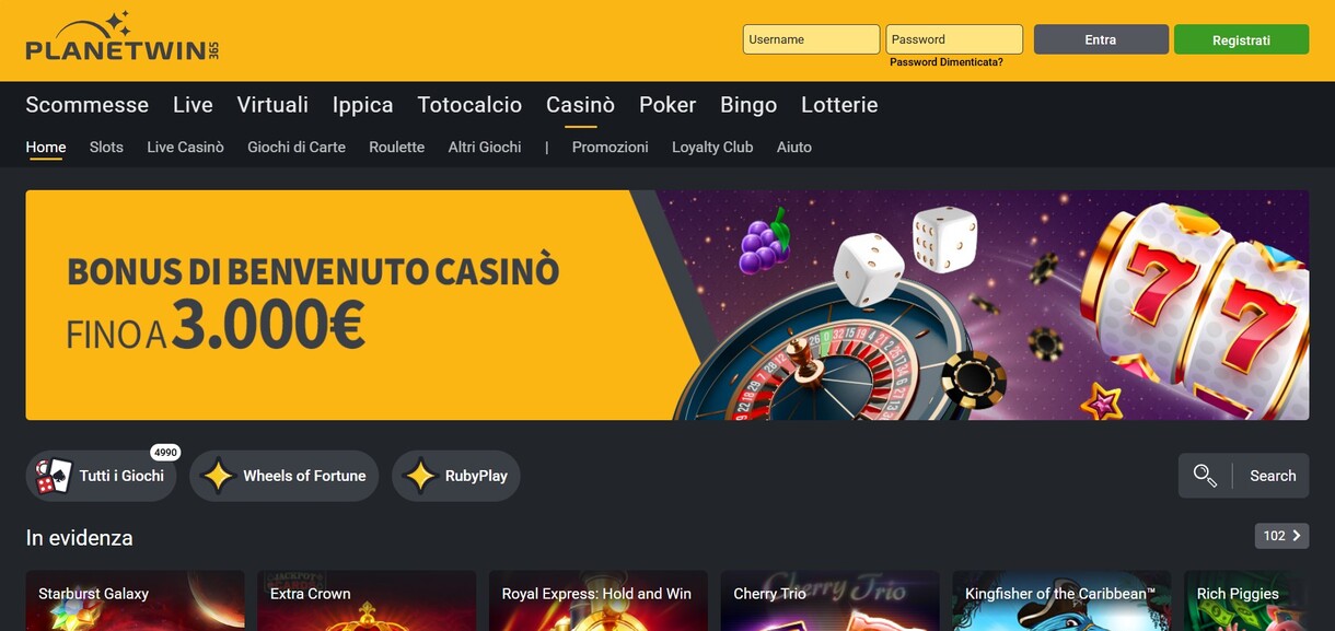 PlanetWin Casino Italia Homepage