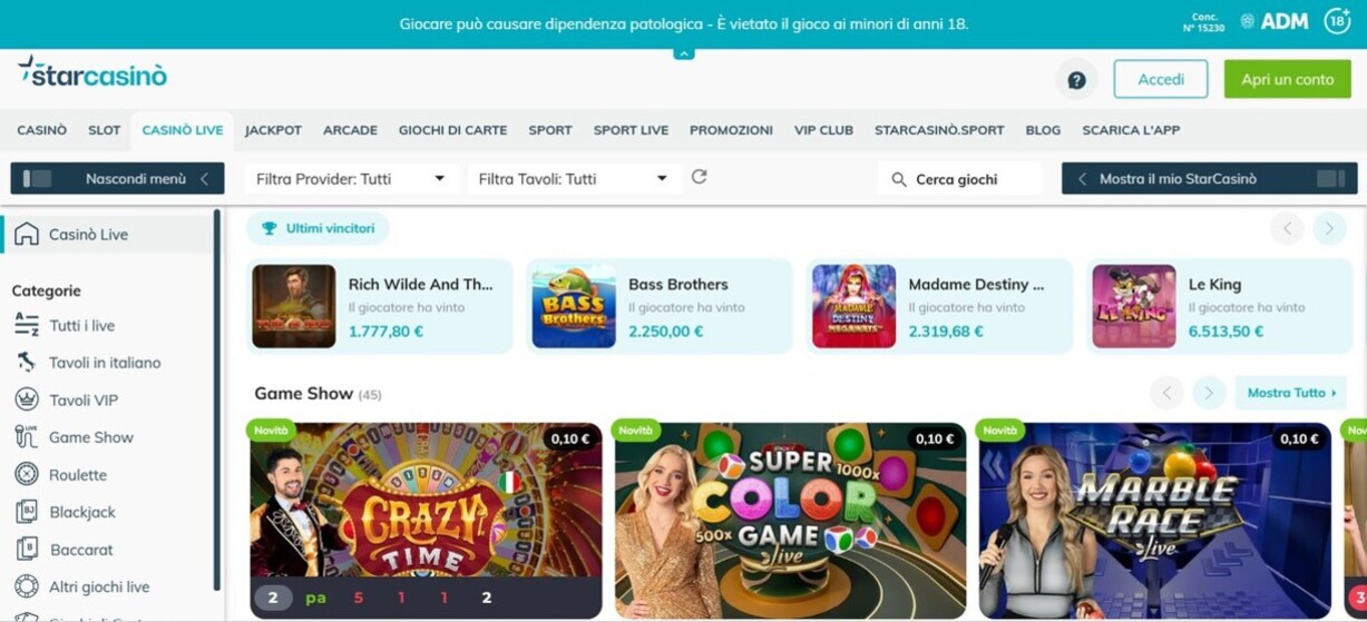 Casino Live Starcasino Italia pc