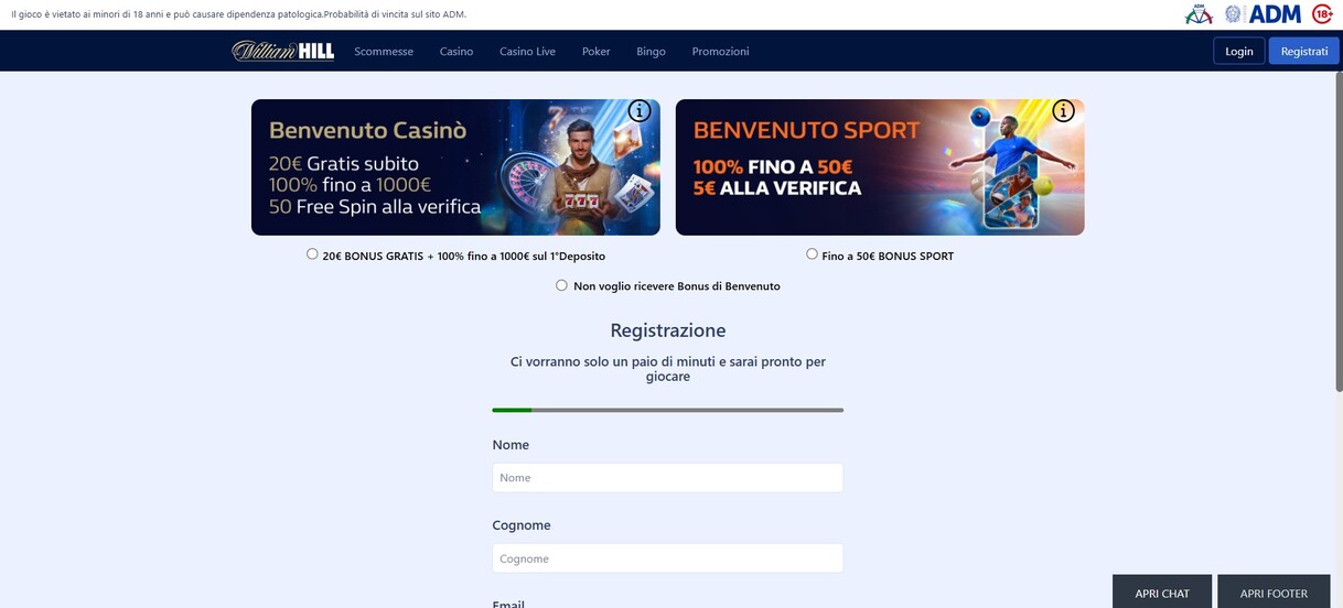 Registrazione William Hill Casino