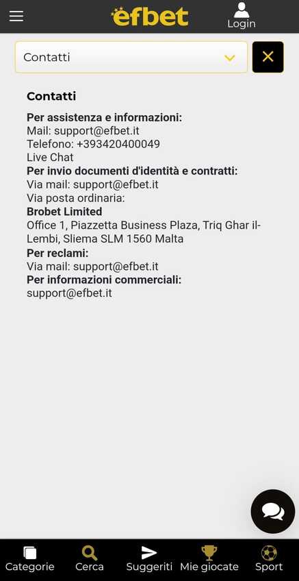 Assitenza cliente Efbet casino